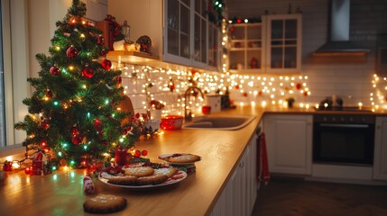 Festive kitchen decorated for Christmas with lights and cookies, creating a warm holiday atmosphere.
