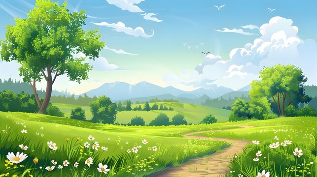 Charming Cartoon Landscape Featuring a Tree with Flowers Against a Majestic Mountain Backdrop