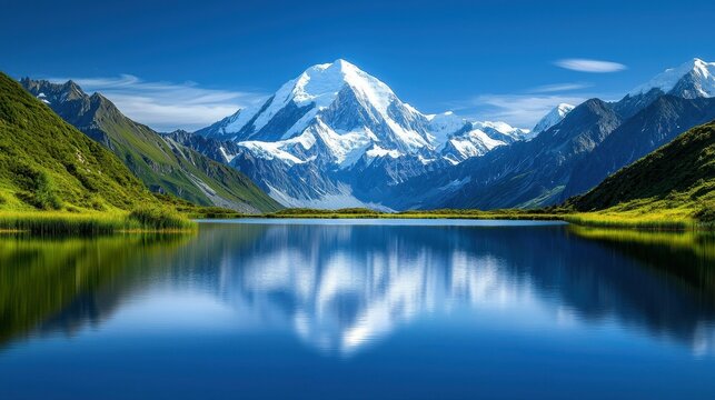 A serene mountain lake reflects the snow-capped peaks.