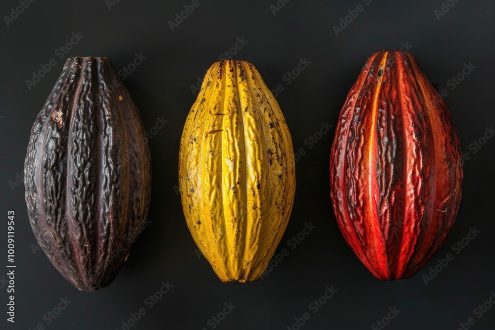 Poster Three different types of cocoa pods on a black background