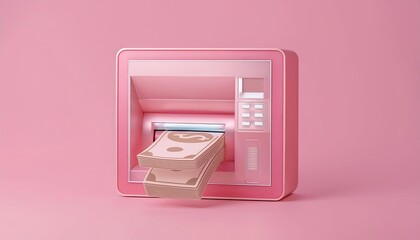 A stylish pink ATM dispensing cash against a complementary pink background, featuring modern design and attention-grabbing aesthetics.