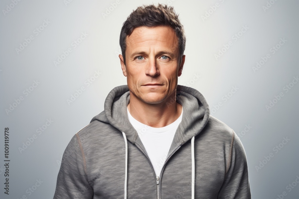 Poster Portrait of a content man in his 40s wearing a zip-up fleece hoodie on white background