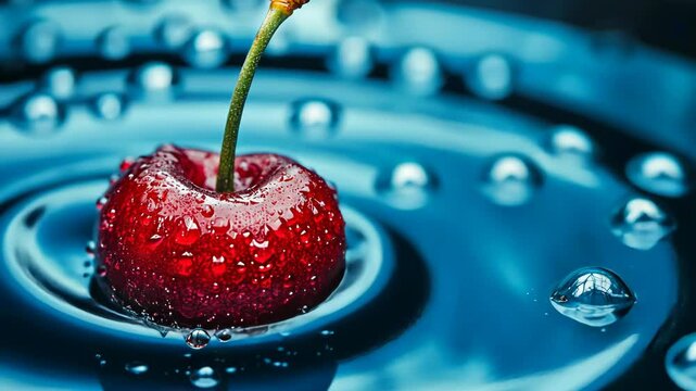 A single, red cherry rests on the surface of a blue liquid, creating ripples and water droplets