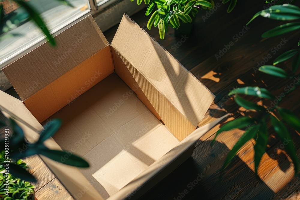 Poster a simple cardboard box placed on a wooden floor, possibly used for storage or moving items
