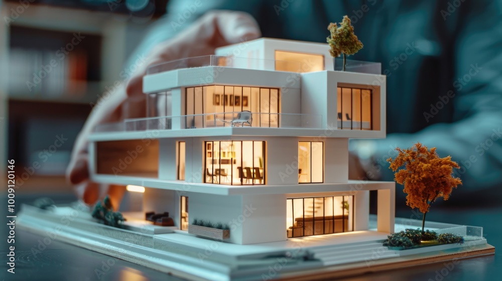 Aufkleber A small scale model of a building placed on a table, great for decorative purposes or as a display piece