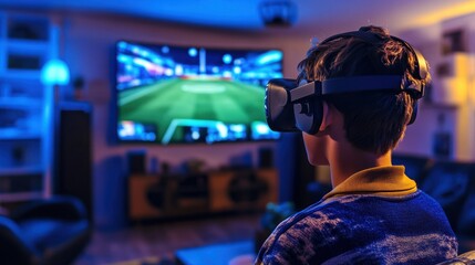 Obraz premium A teenager with a VR headset enjoying a virtual sports game at home, surrounded by a living room gaming setup designed for immersive experiences