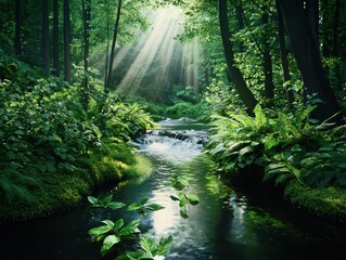 Obraz premium Sunlight streams through the trees, illuminating a tranquil forest stream.