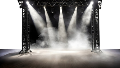 stage illuminated by spotlights with smoke effect. Generative AI.