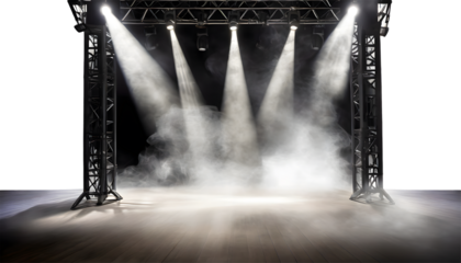stage illuminated by spotlights with smoke effect. Generative AI.