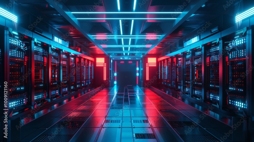 Poster a futuristic computer room with neon lights and red and blue walls
