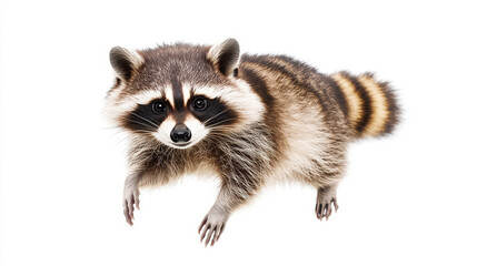 Cute raccoon floating in the sky against a white background, showcasing its fluffy fur and curious expression