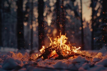 A campfire in the snowy forest with warm glow, great for winter scenes or outdoor adventures
