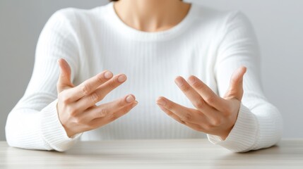 A person gesturing with their hands, conveying a sense of explanation or emotion. This represents communication and interaction.