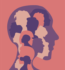 Abstract and stylized human head with multiple silhouettes of people's faces in various shades inside a man profile silhouette .