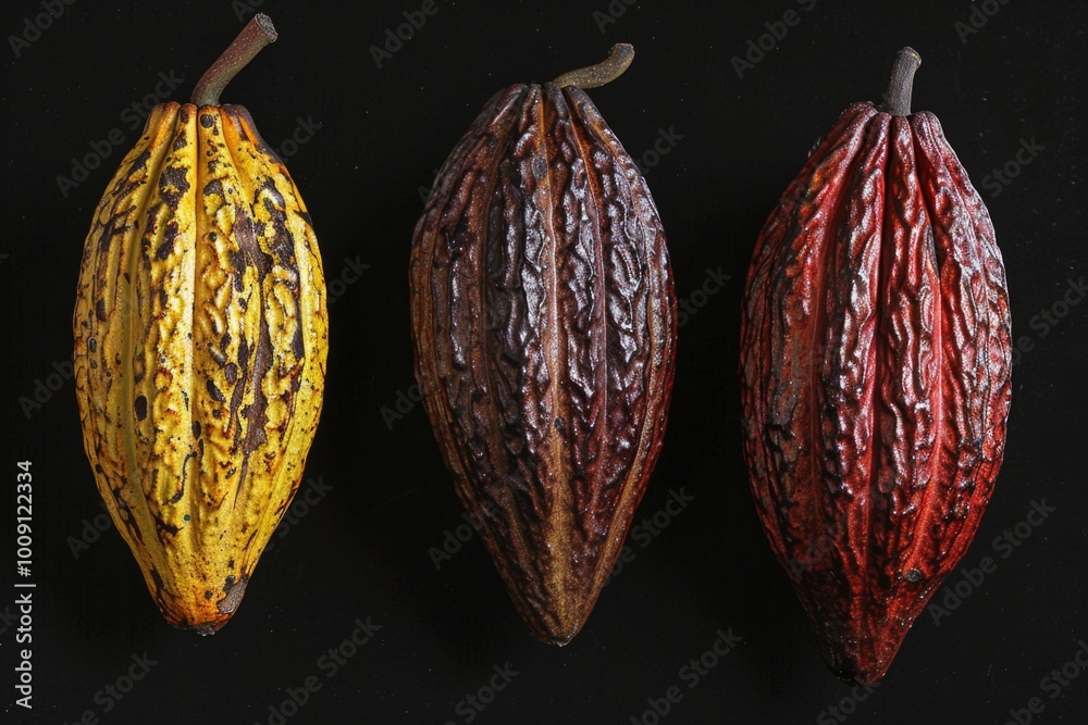 Poster Close-up view of three different types of cocoa beans arranged on a black background