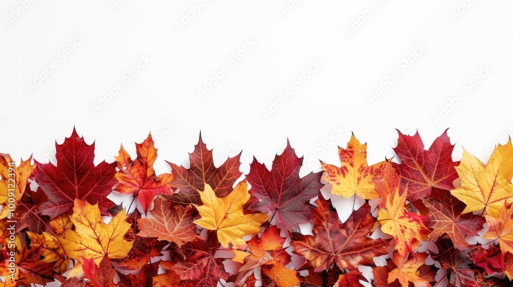 Poster a close-up shot of a group of red and yellow leaves arranged on a white background