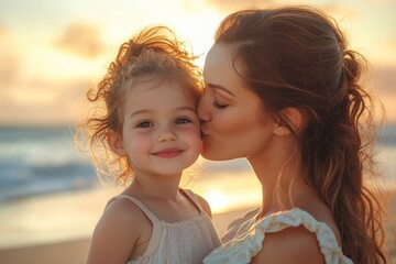 Loving mother kissing her smiling daughter on the beach, Generative AI