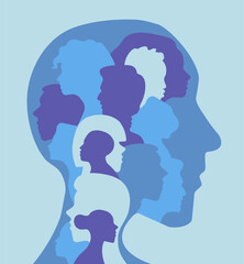 Abstract and stylized human head with multiple silhouettes of people's faces in various shades inside a man profile silhouette .