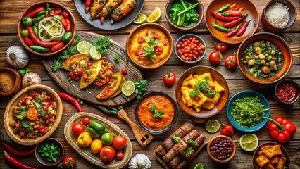 Fototapeta premium Colorful assortment of delicious dishes beautifully arranged on a rustic wooden dining table setting