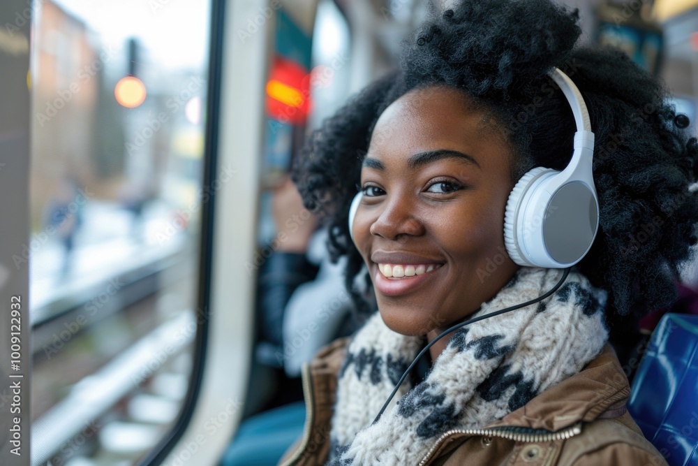 Poster a person listening to music or podcast while commuting on public transportation