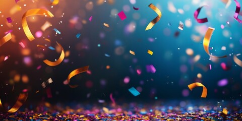 Abstract festive background with glitter, confetti, ribbons and free place for text. New Year, Christmas, birthday, holiday celebration banner