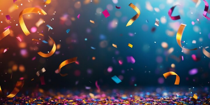 Abstract festive background with glitter, confetti, ribbons and free place for text. New Year, Christmas, birthday, holiday celebration banner