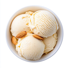 Top view of creamy almond ice cream in a white bowl garnished with whole almonds, showcasing a delightful and refreshing dessert ideal for summer treats and celebrations.