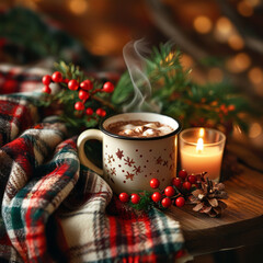 Warm Winter Drinks with Marshmallows and Candles. Hot Chocolate with Marshmallows and Christmas Decorations.