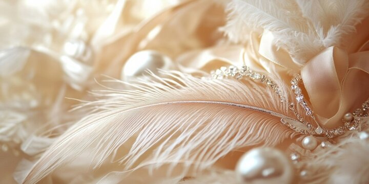 Masquerade Ball Invitation, elegantly crafted with ribbons and feathers, softly blurred backdrop enhances its exquisite design