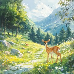 A serene landscape featuring a young deer amidst lush greenery, mountains, and vibrant flowers, capturing the essence of nature's beauty.