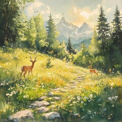 Fototapeta premium A serene landscape with deer grazing in a sunlit meadow surrounded by majestic mountains and lush greenery.