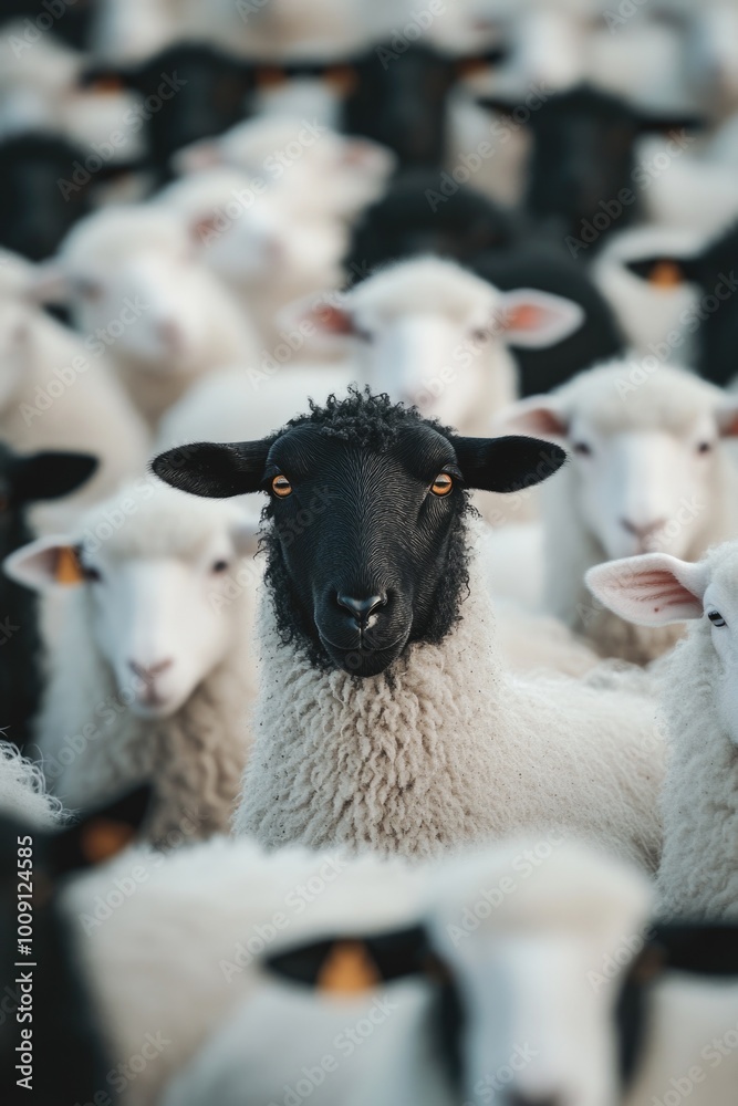 Poster A group of sheep standing close to each other in a field