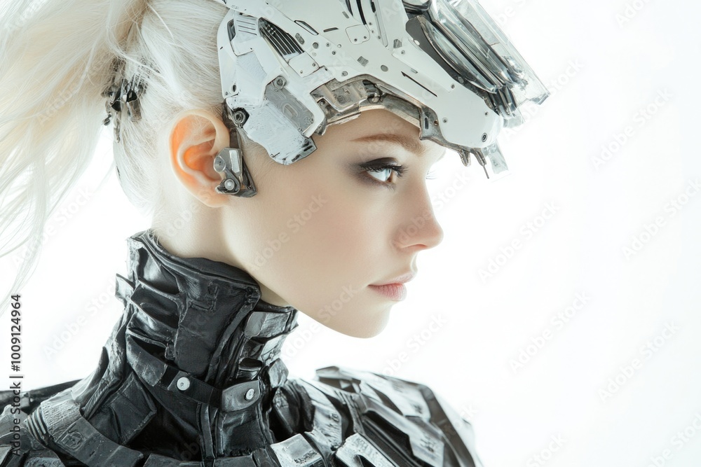 Poster a person with a high-tech helmet on her head, suitable for sci-fi and technology-themed projects