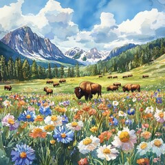 A vibrant landscape featuring bison grazing among colorful wildflowers with mountains in the background, depicting nature's beauty.