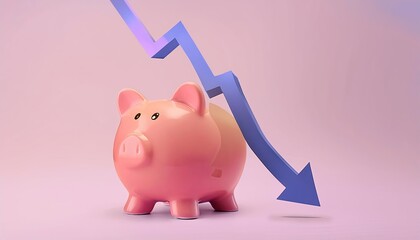 A pink piggy bank with a downward trend arrow, symbolizing financial loss or decline in savings.