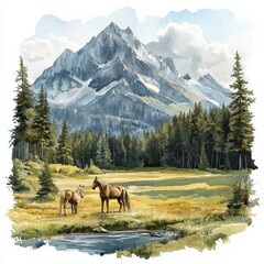 Scenic mountain landscape with horses grazing in a lush meadow, surrounded by tall trees and majestic peaks.
