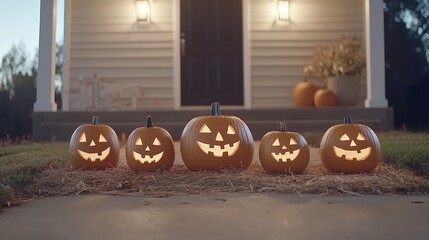 Fototapeta premium An eerie abandoned church with jack-o-lanterns placed on the altar