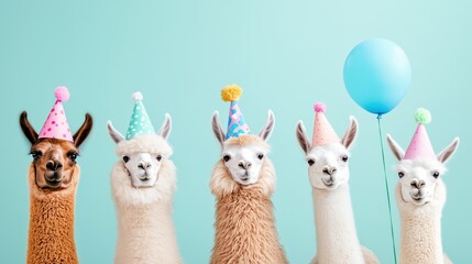 Llama Party: Five adorable llamas wearing colorful party hats, one holding a blue balloon, against a vibrant turquoise background.  A whimsical and fun image for birthday celebrations.