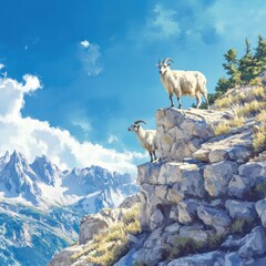 Two majestic goats stand atop a rocky cliff with a breathtaking mountain backdrop under a bright blue sky.