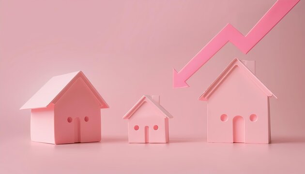 Falling House Prices:  A row of miniature houses with falling red arrow illustrating decreasing property values and potential housing market downturn.  