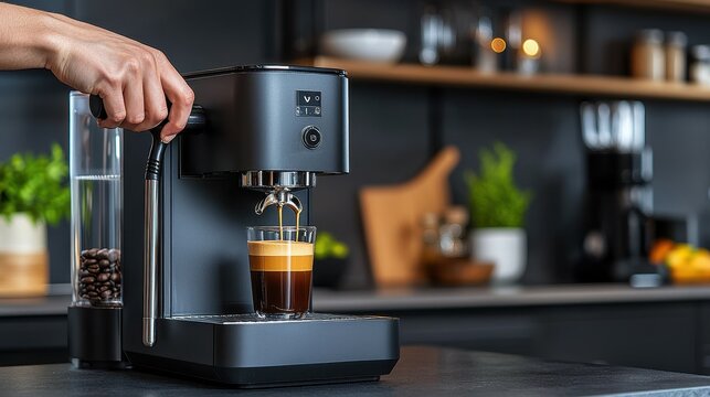 Close-up of a hand preparing espresso using a modern coffee machine.
