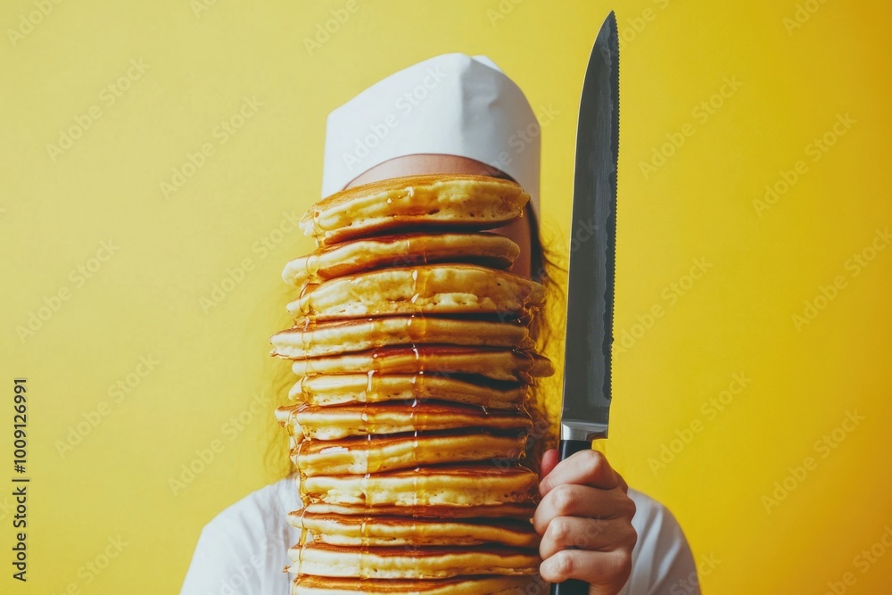 Wall mural A chef preparing breakfast with pancakes, straightforward kitchen scene