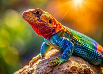 Colorful butterfly lizard basking on a rock in its natural habitat under the warm sunlight outdoors
