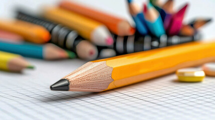 Fototapeta premium A close-up of a sharpened yellow pencil resting on a graph paper notebook, surrounded by colorful pencils in the background. The scene highlights creativity, precision, and focused work.