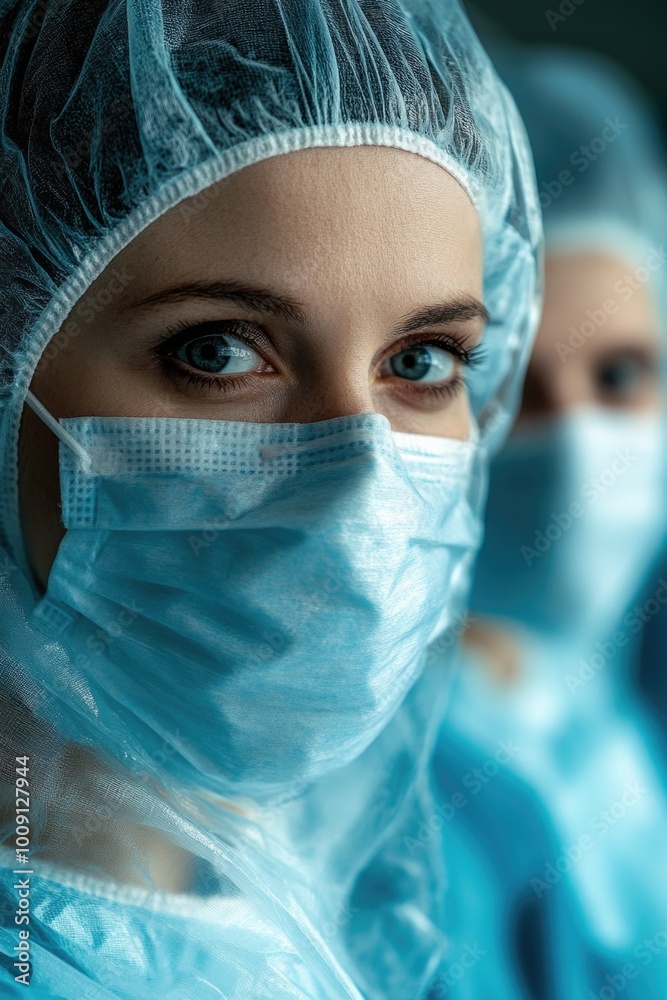 Poster doctors and nurses in surgical attire, focused on their work