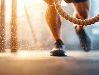 Fitness model performing intense battle rope workout in a gym, motion blur for dynamic energy, emphasizing strength and power