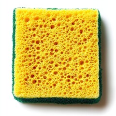 Fototapeta premium A yellow kitchen sponge with a green scrubber side, used for cleaning dishes and surfaces.