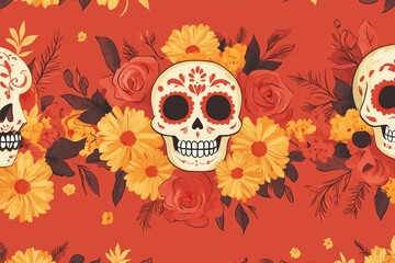 A pattern of skulls and flowers on a red background, great for Halloween or dark theme designs