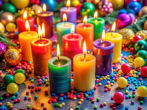 Colorful candles and festive decorations for a joyful onomastico celebration in a vibrant setting