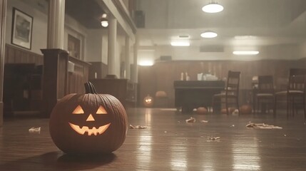 Fototapeta premium An old crumbling cathedral with pumpkins glowing from the broken windows